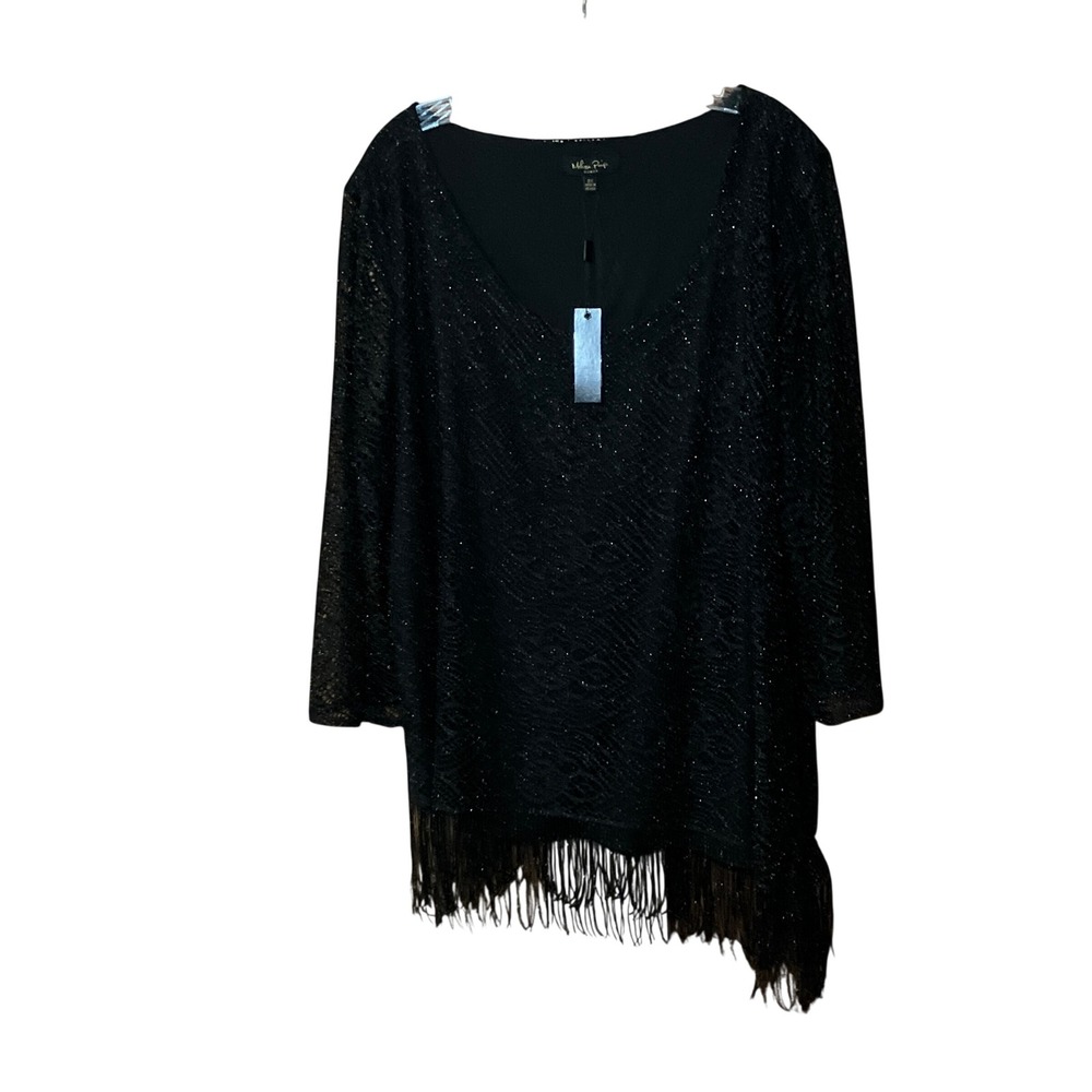 Melissa Paige Tunic Women 2X Black NEW Metallic Lace Fringe Asymmetrical Top